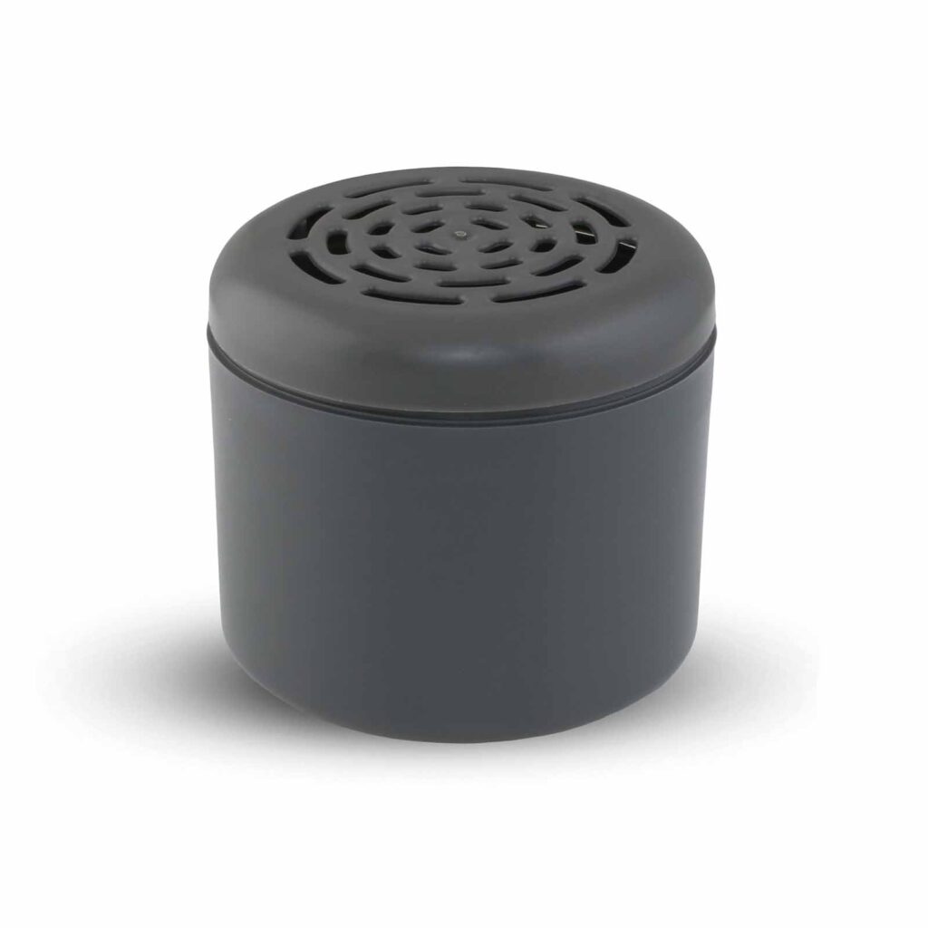 a custom designed black plastic product with a series of holes cut in circles around the top